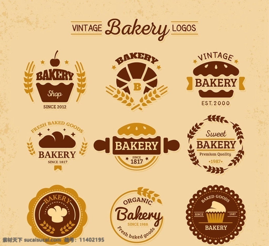 复古 面包店 标志 麦穗 纸杯蛋糕 牛角面包 蛋糕 烘培食品 矢量 高清图片
