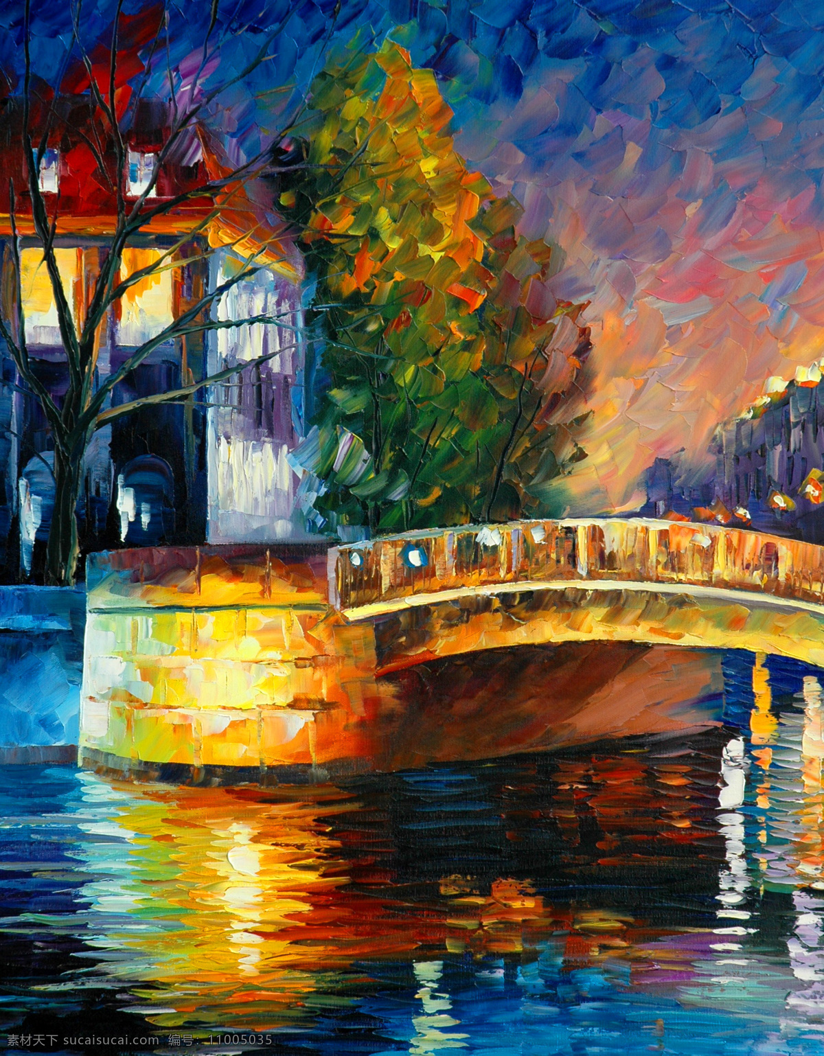 小桥夜景 油画