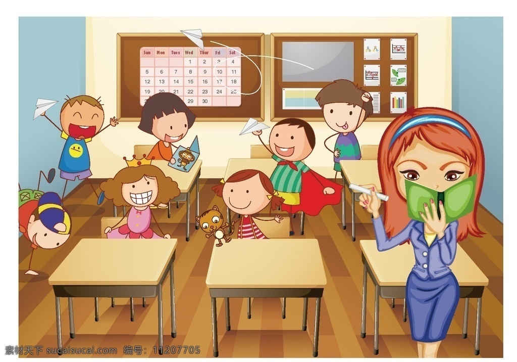 课堂 上 可爱 画面 教室 插画 老师 看书 女老师 玩耍 上课 不听课 黑板 猫 男孩 女孩 孩子 卡通 纸飞机 桌子 凳子 卡通设计