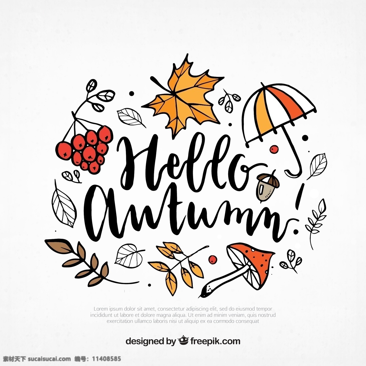 彩绘 秋季 元素 艺术 字 矢量 浆果 枫叶 雨伞 蘑菇 树叶 橡子 艺术字 文化艺术 绘画书法