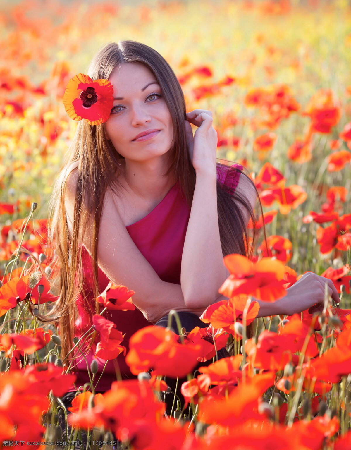 红色花海美女 红色花海 花海 红花 美女 鲜花 花朵