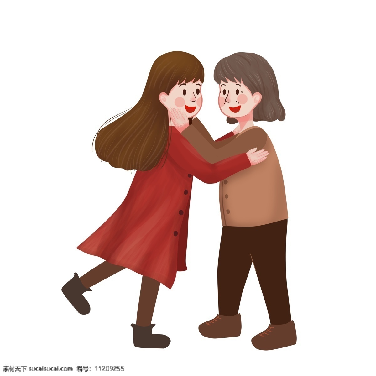 手绘 妈妈 开心 拥抱 女孩 人物 插画