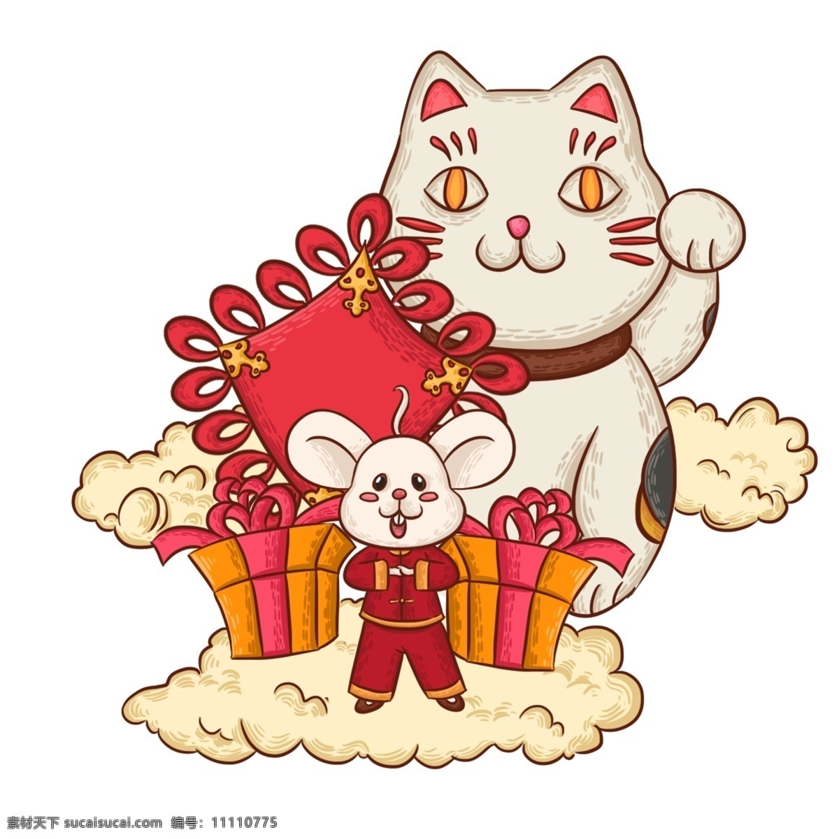 商用 手绘 卡通 鼠年 元素 福气 拜年 招财猫 可爱 喜庆 中国结 老鼠 装饰图案