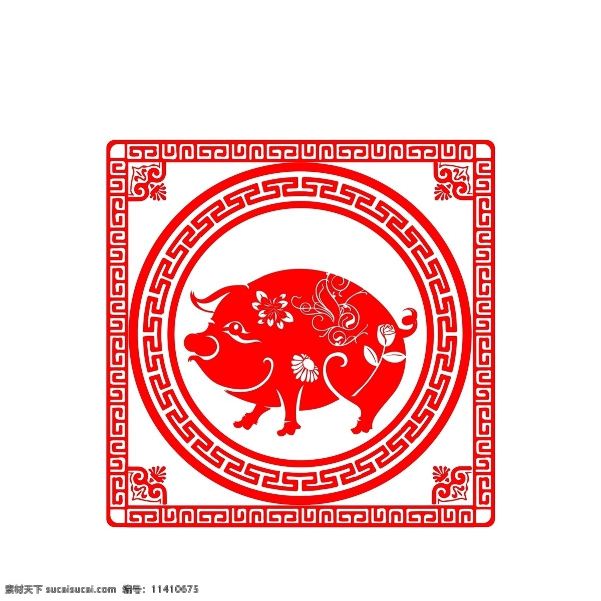 中国 风 红色 喜庆 猪 元素 祥云 纹理 装饰 古风 传统文化 环形 圆形
