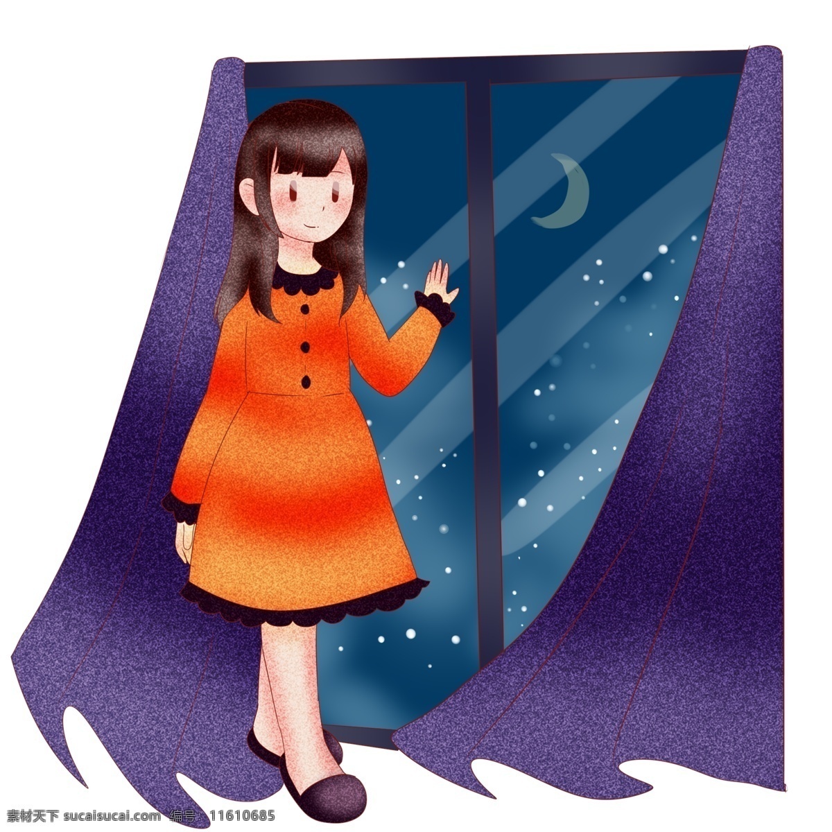 熄灯 小女孩 插画 地球 小时 熄灯的夜晚 漂亮的小女孩 紫色的窗帘 卡通人物 白色的月亮