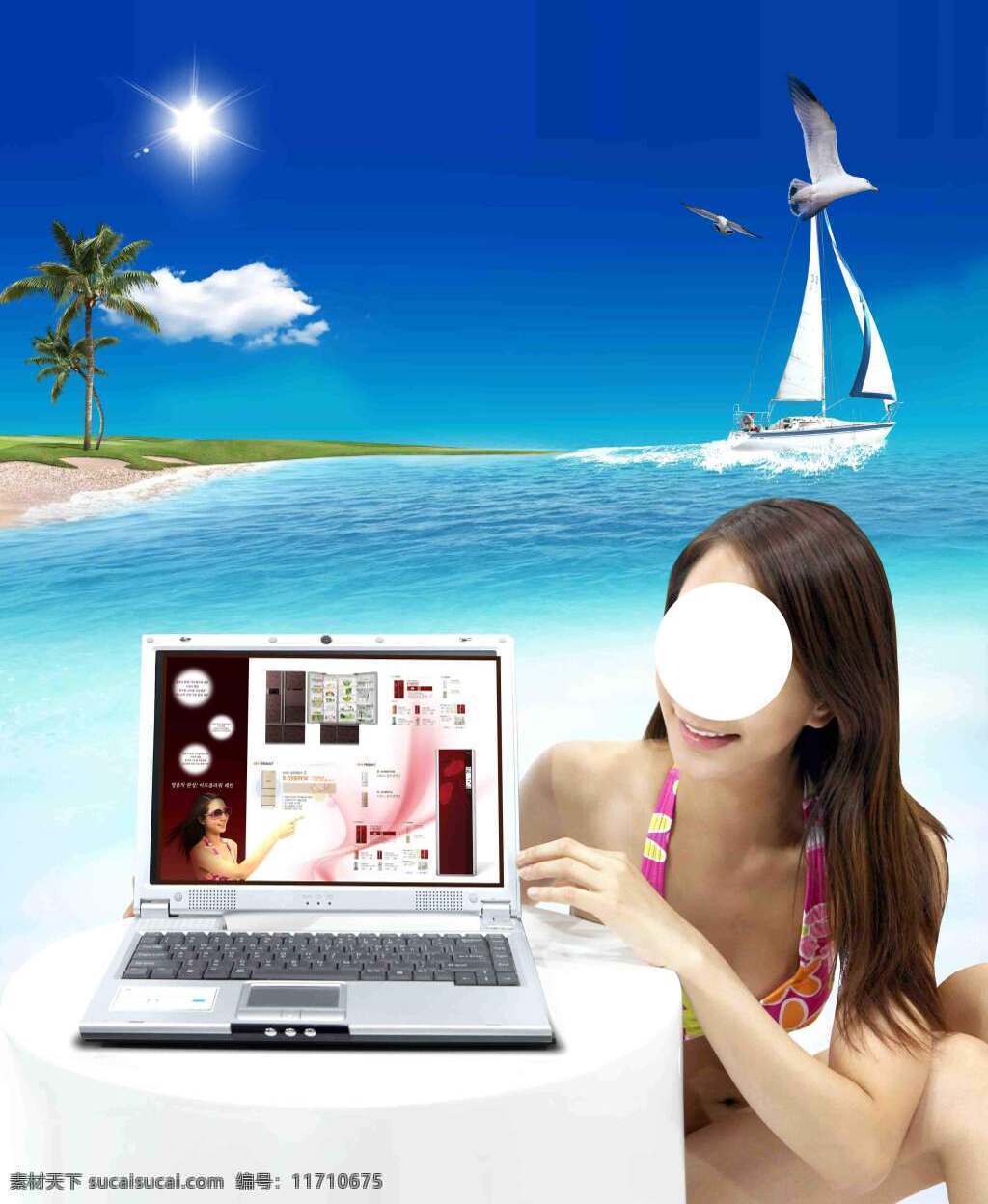 海 灘 休 閒 廣 告 背景 休閒 旅遊 海灘 海鳥 帆船 美女 比基尼 椰子樹 電腦 dm 廣告商品 背景素材 白色