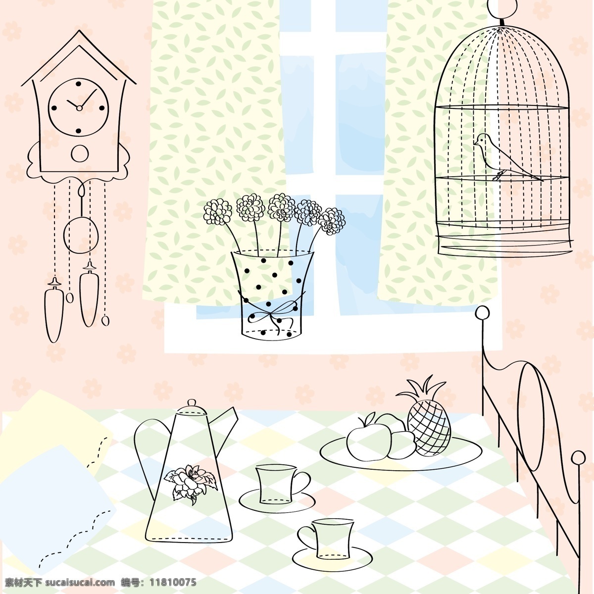 粉色 房间 插画 风景 背景 矢量 线条 时钟 桌子 卡通 手绘