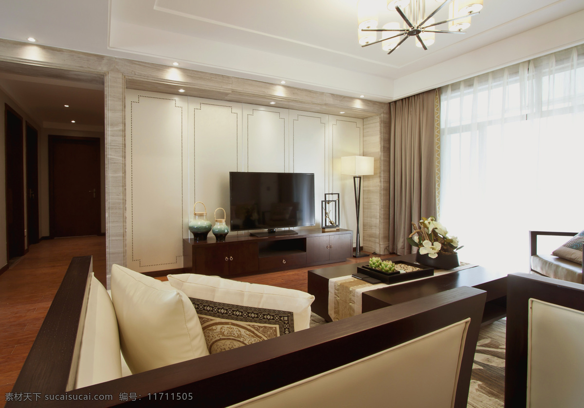 现代 简约 客厅 白色 薄纱 窗帘 室内装修 效果图 客厅装修 浅色沙发 实木茶几 白色吊灯