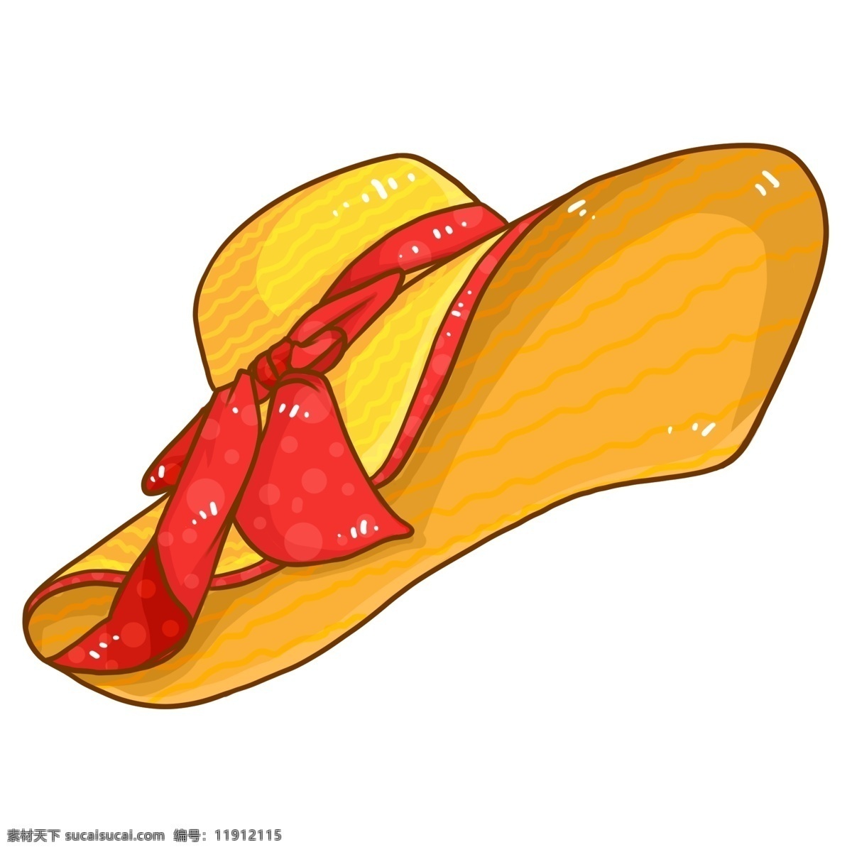 夏季 度假 手绘 沙滩 帽 卡通 太阳 帽子 海边 黄色帽子 红色彩带 沙滩帽 遮阳帽 假期 夏天 矢量