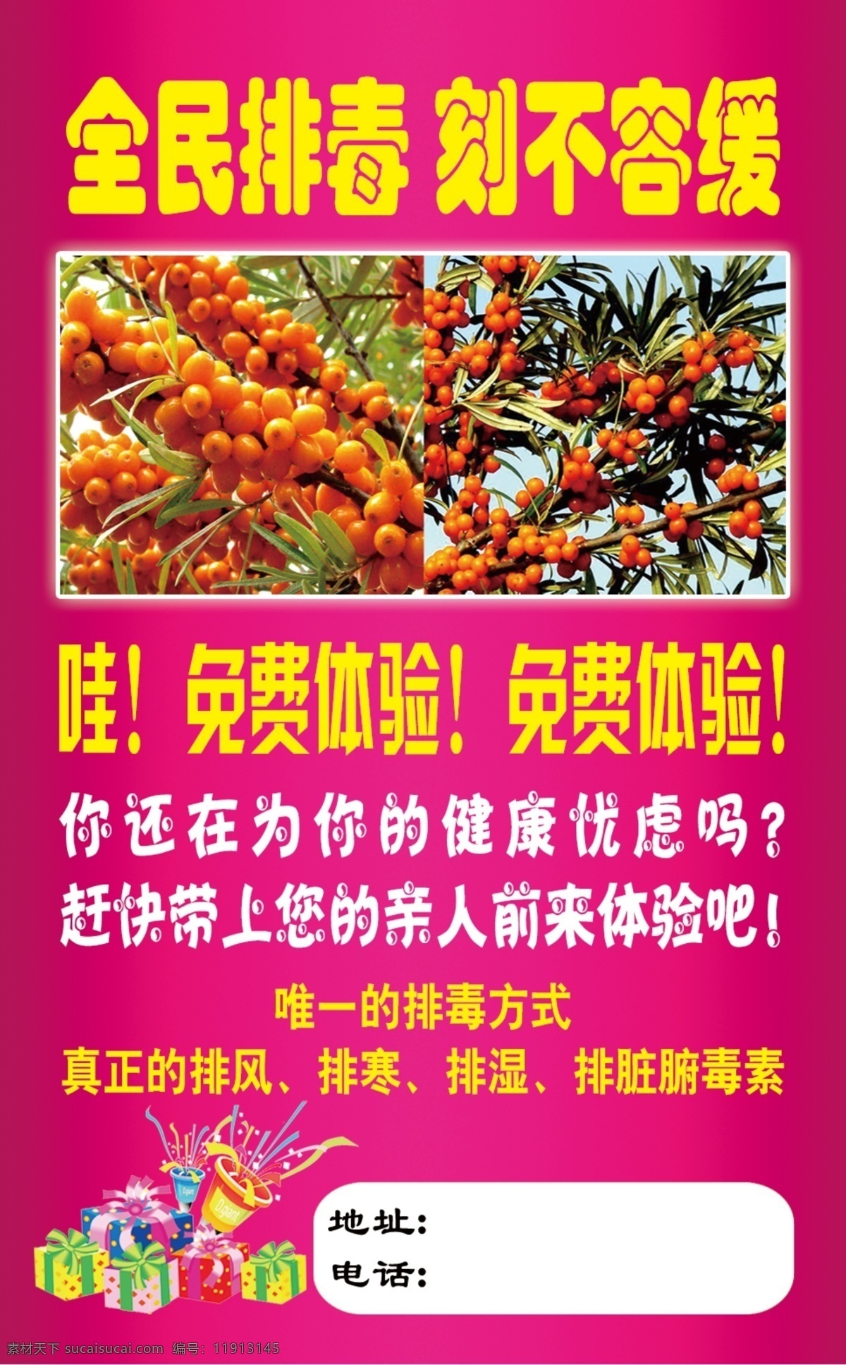 沙棘 排毒养颜美容 排毒 养颜 美容 免费体验 全民排毒 刻不容缓 排风 排寒 排湿 健康 养生 粉色