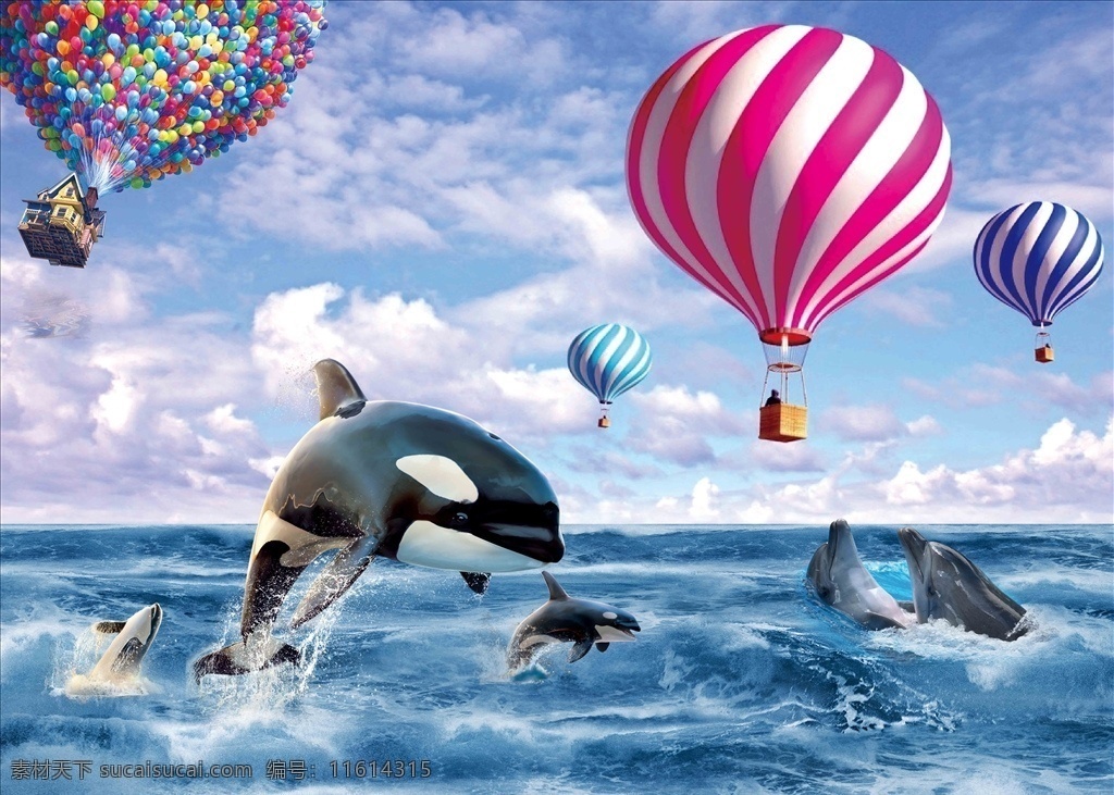 背景墙 热气球 海浪 海豚 波涛 飞屋 七月份 3d设计