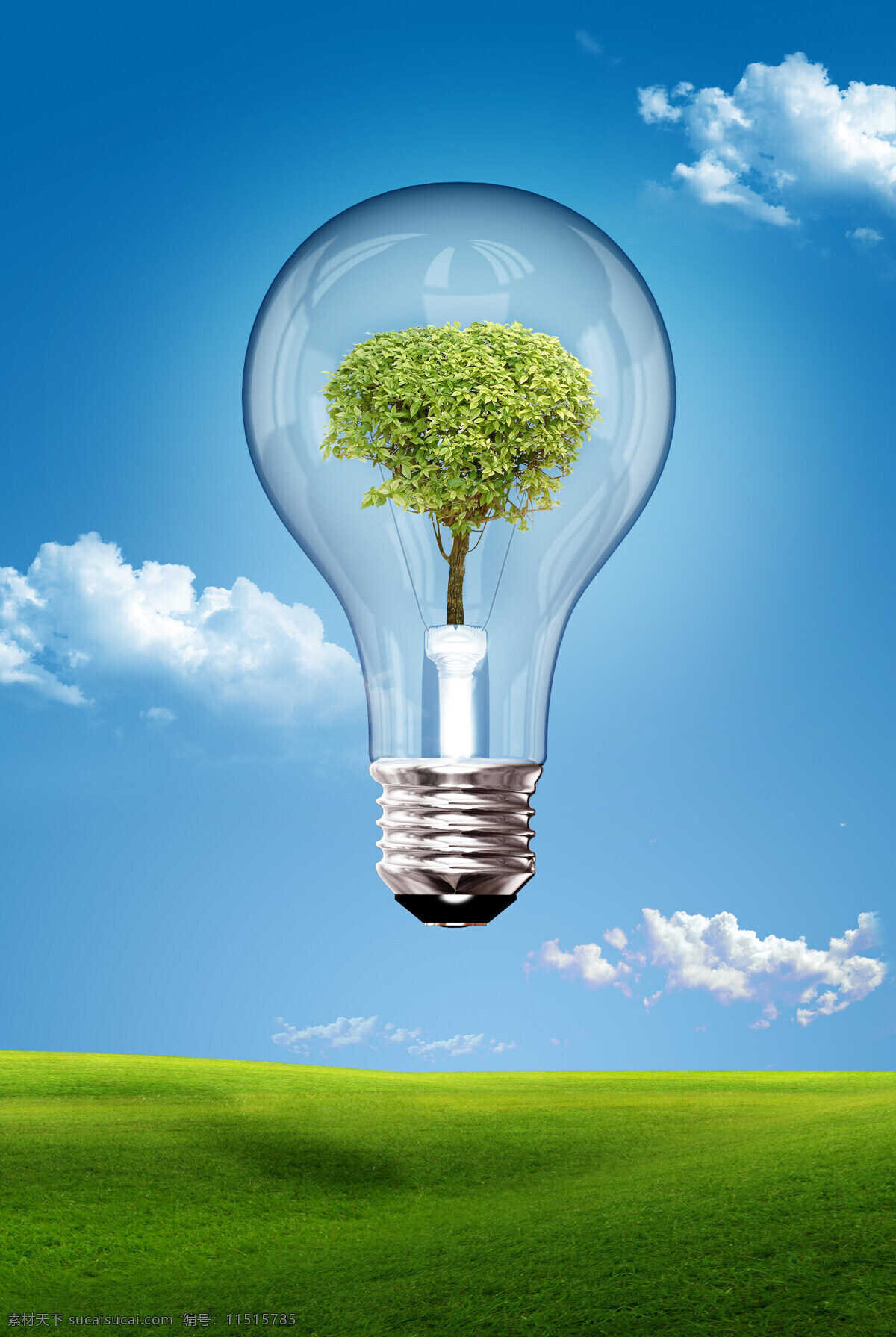 节能灯泡 灯泡 创意 灵感 白炽灯 创意图片 发光 科技 光芒 能量 个性 树 蓝天 白云 草地