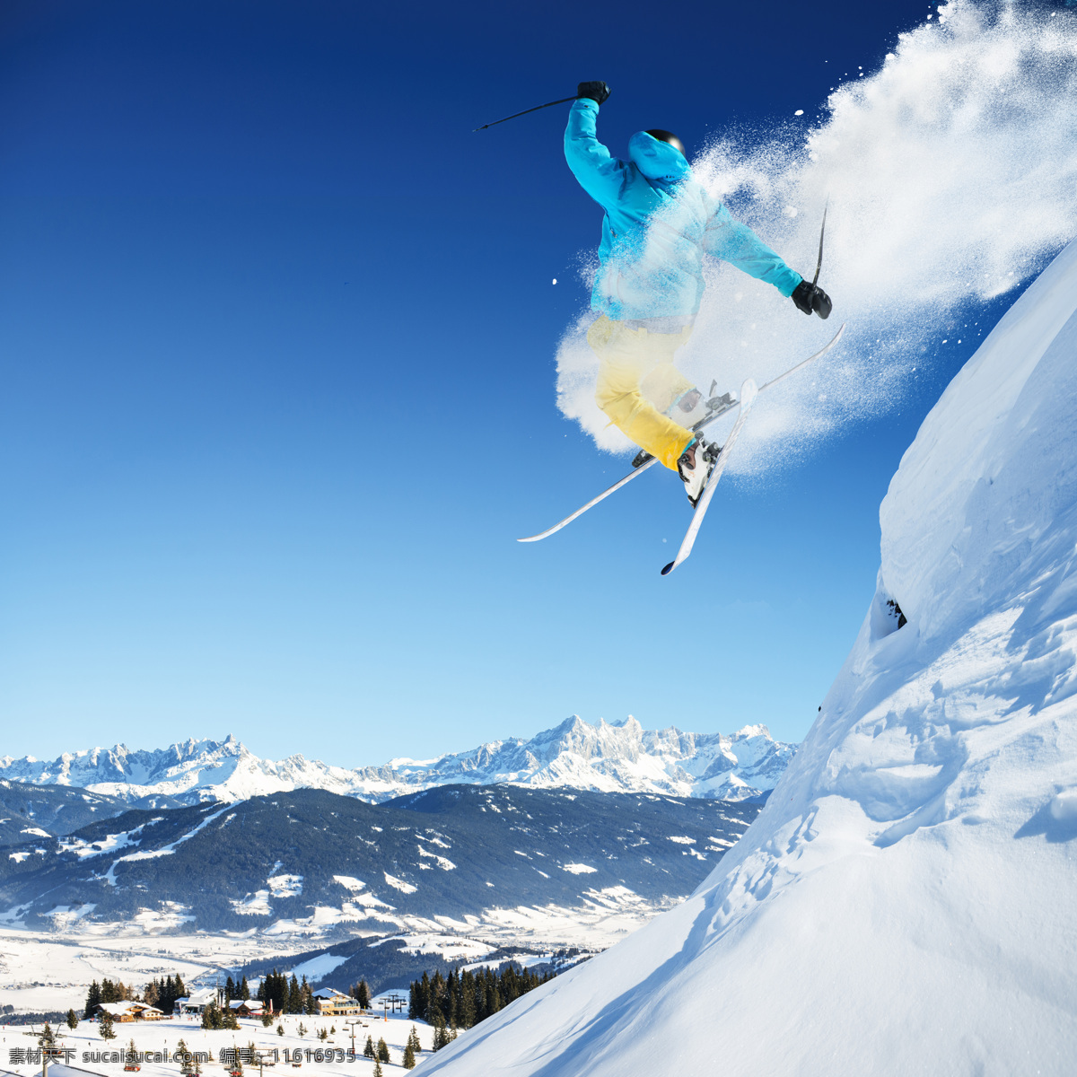 腾空 跃起 滑雪 运动员 蓝天 雪山 山峰 雪地 滑雪运动员 滑雪运动 体育运动 滑雪图片 生活百科