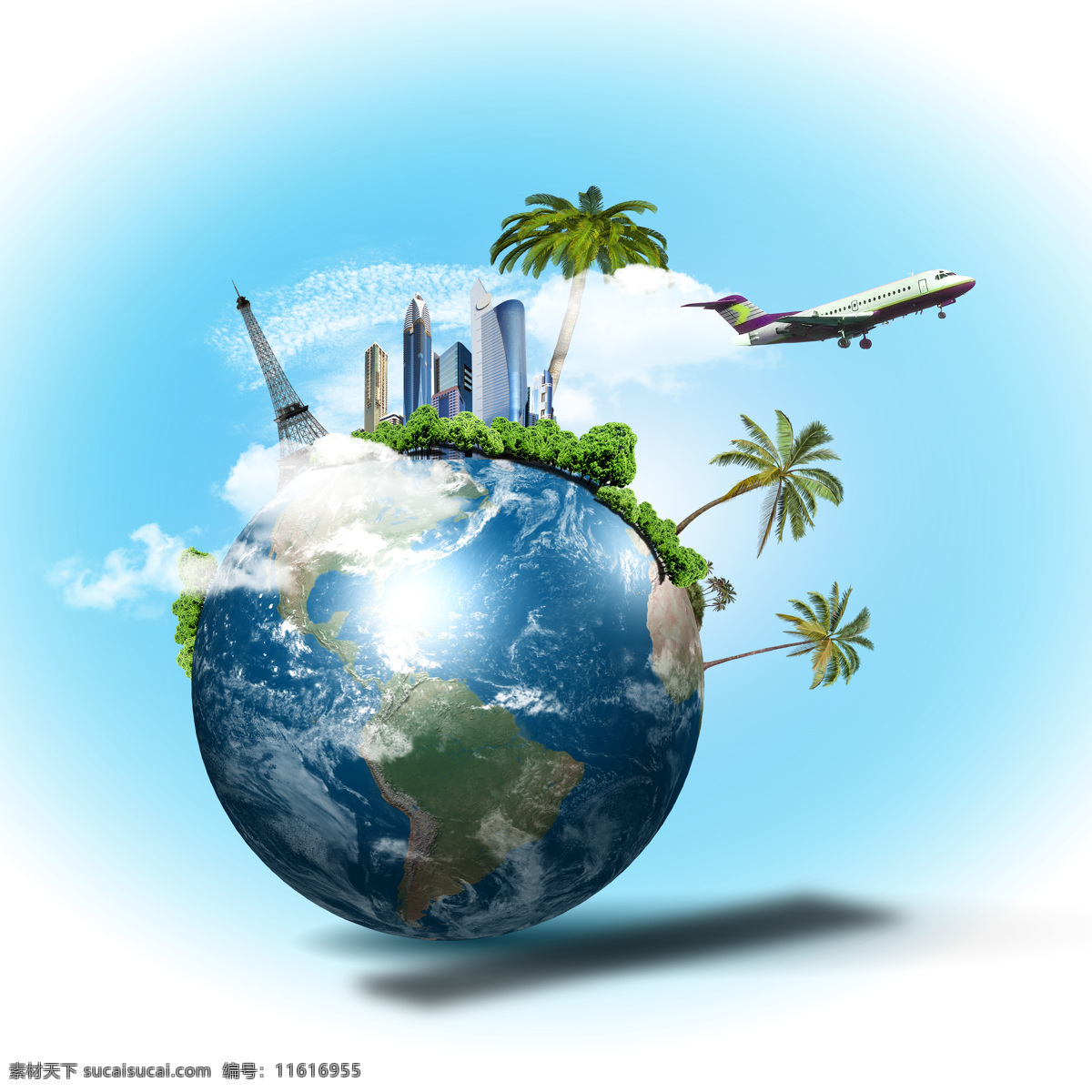 航空 旅行 地球 客机 椰树 高楼大厦 摩天大楼 蓝天 白云 城市 埃菲尔铁塔 其他类别 生活百科