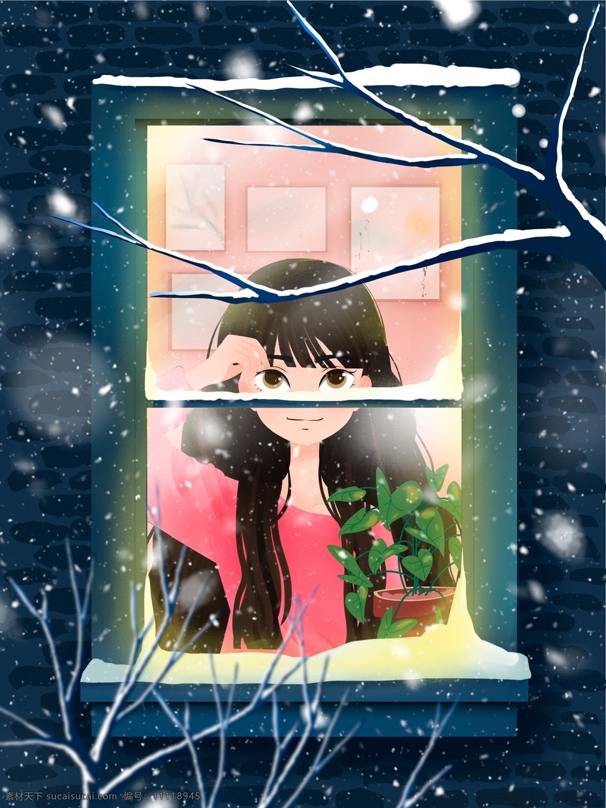 大雪 女孩 窗 内 看 雪 小 清新 插画 壁纸 窗户 小清新 节气 树 夜晚