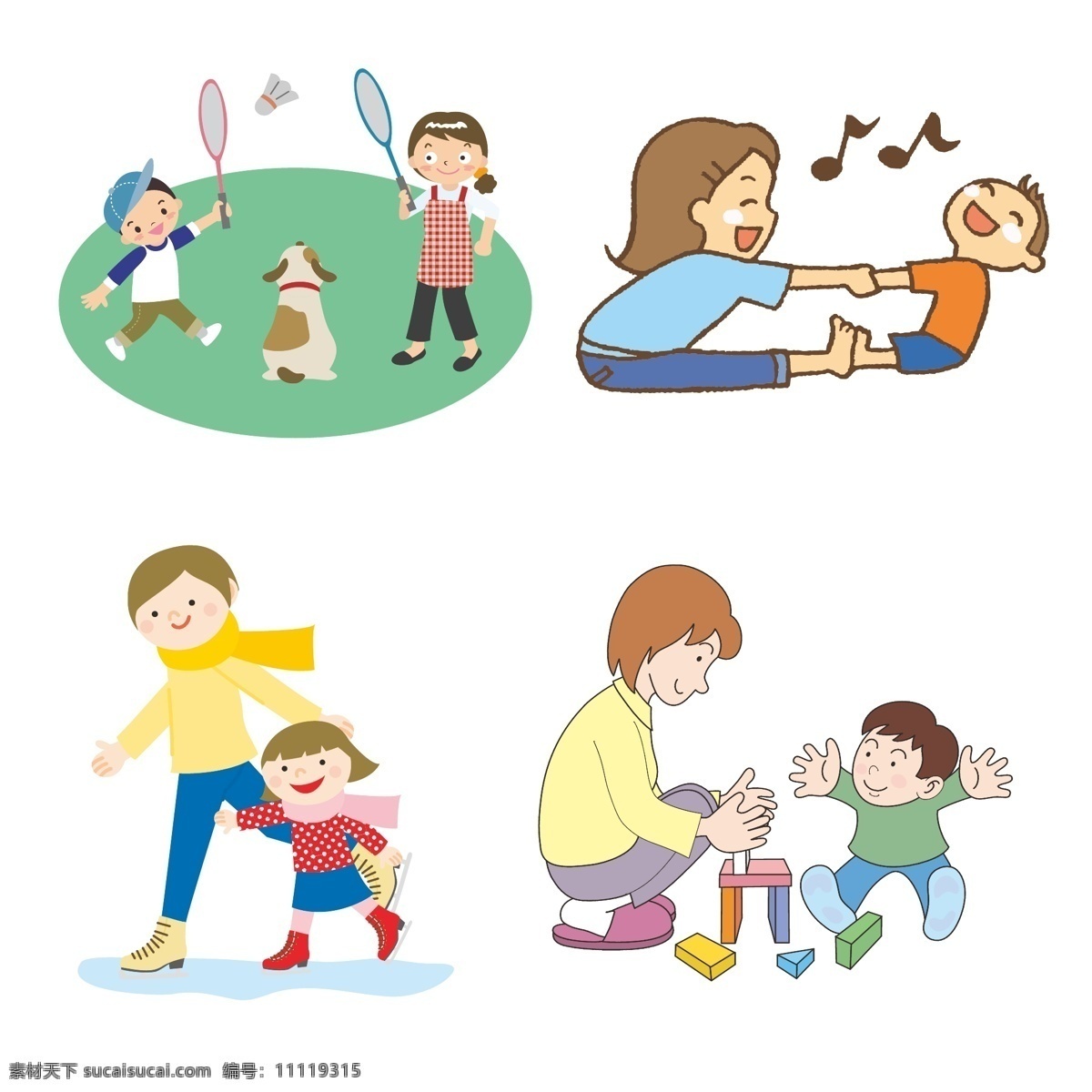 母亲 孩子 母亲与孩子 母子 儿子 女儿 母女 运动 羽毛球 拉伸 溜冰 玩积木 卡通 动漫卡通插图 动漫动画