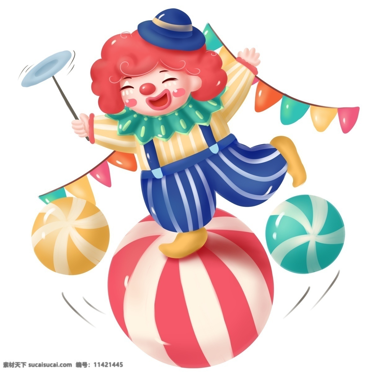 愚人节 欢乐 可爱 小丑 马戏 表演 商用 插画 配 图 手绘 人物 欢乐小丑 少儿 儿童 杂技 嘉年华 游乐 娱乐 彩旗 球 耍杂技 转盘子 元素 插图