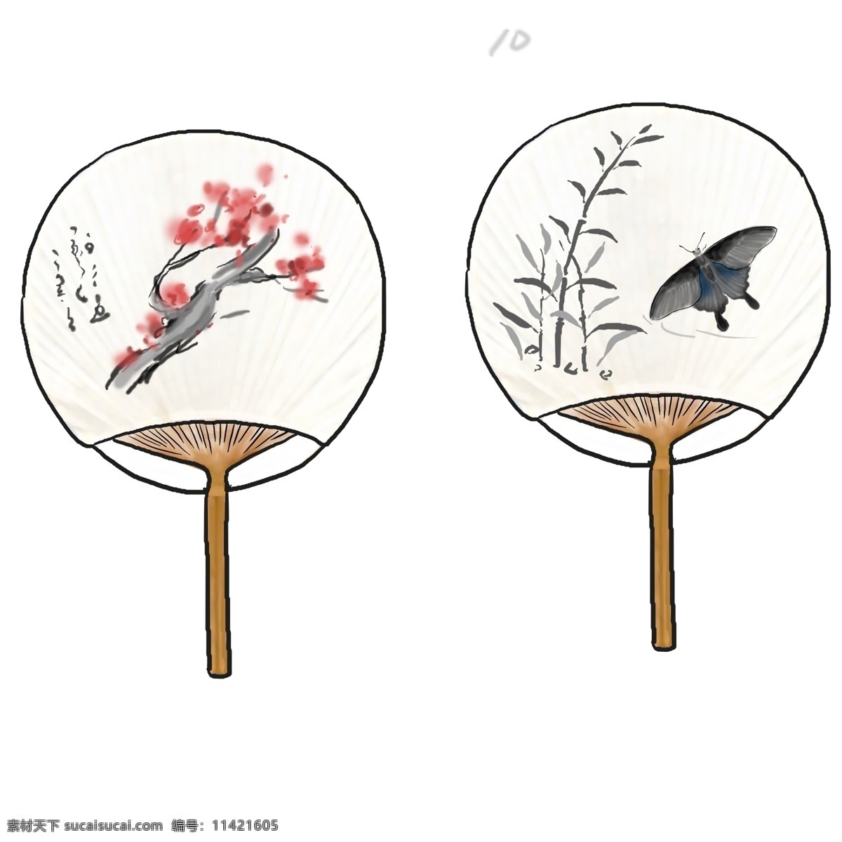 中国 水墨 手绘 扇子 墨迹 国画 插画 中国风 古风 夏天 彩绘 淡菜 传统 蝴蝶 梅花 桃花