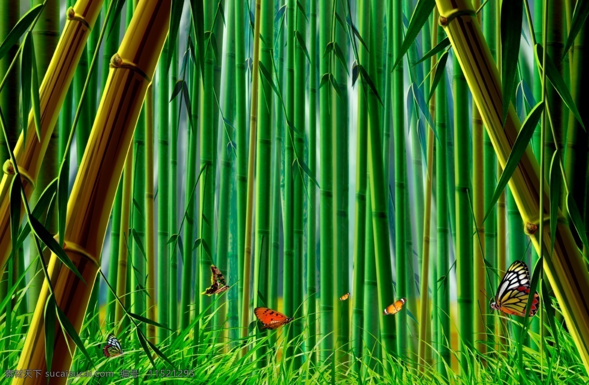 竹林 蝴蝶 分层 psd源文件 设计素材 动物昆虫 分层插画 绿色