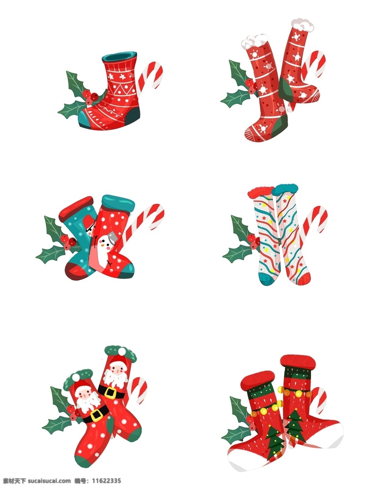 圣诞 袜子 手绘 扁平 元素 卡通 圣诞树 圣诞老人