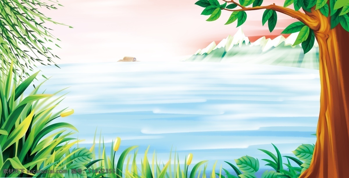 蓝色 湖水 绿 草地 树木 卡通 背景 绿草地