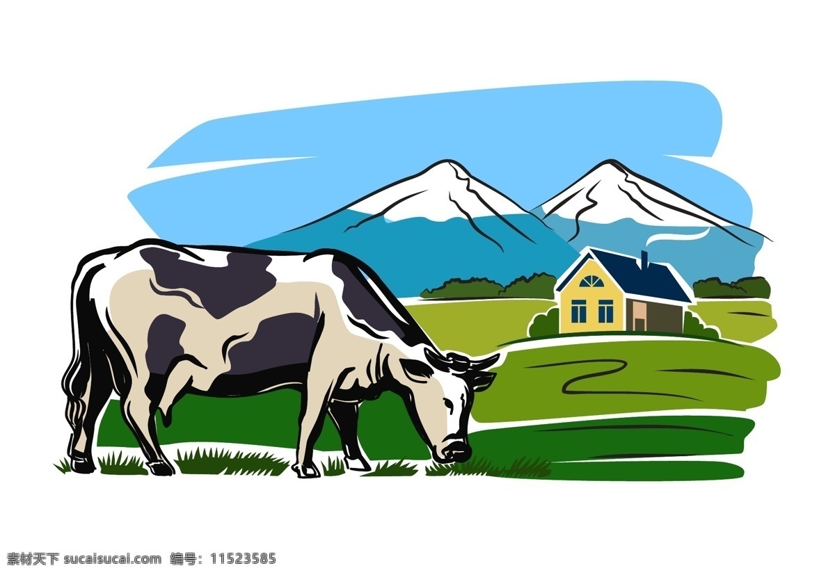 牧场 里 奶牛 插画 动物 小木屋 蓝天 雪山