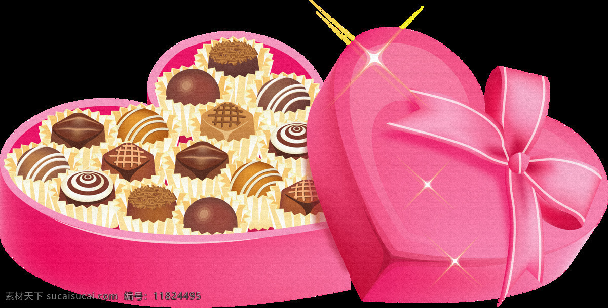 手绘 心形 巧克力 元素 浪漫 心形礼盒 飘带 免抠