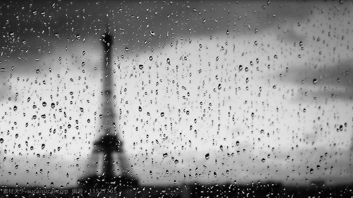 水珠玻璃效果 巴黎铁塔 黑白 玻璃水珠效果 背景 灰色