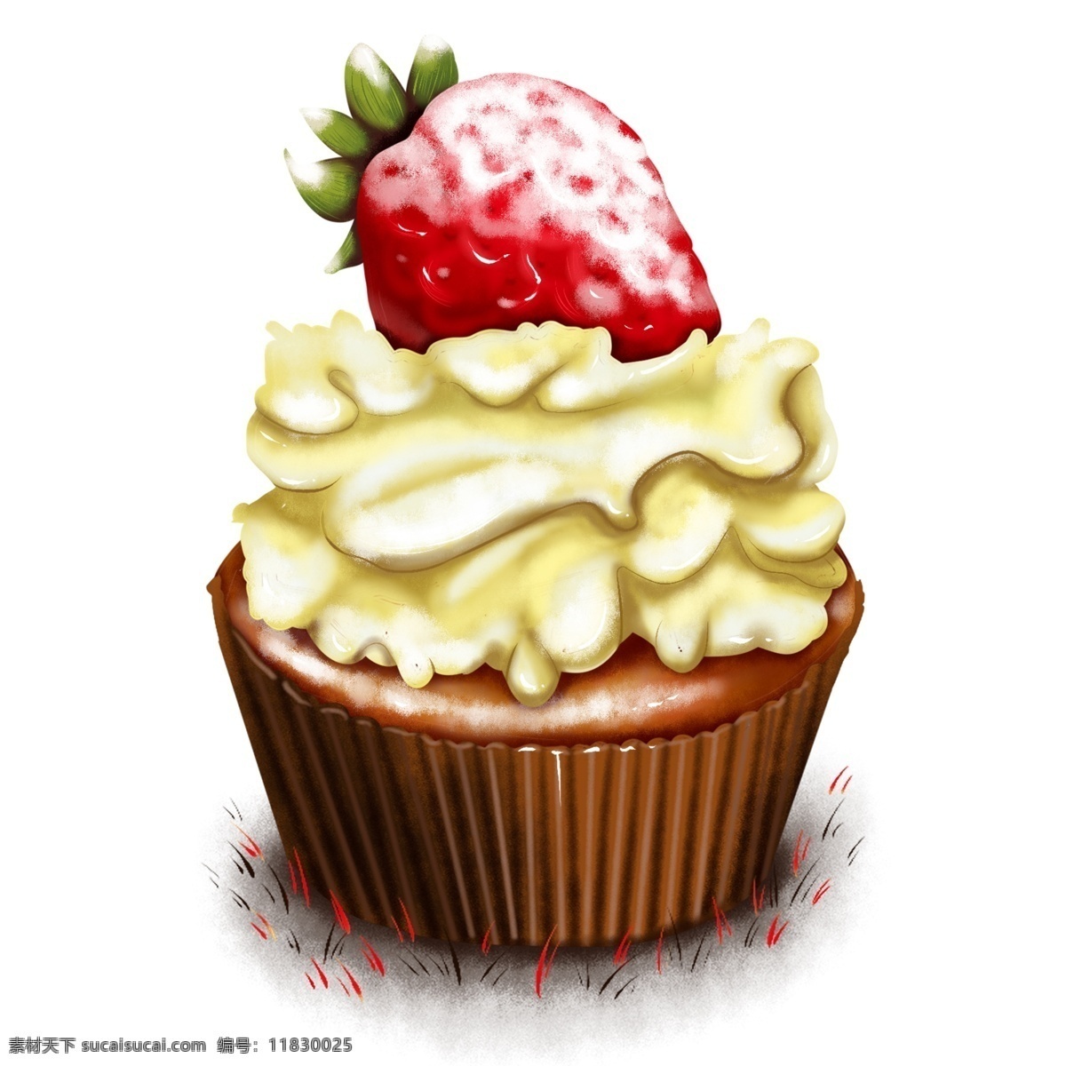 原创 手绘 食物 黄 奶油 草莓 糖霜 咖啡 杯子 蛋糕 海报素材 商用 杯子蛋糕 元素