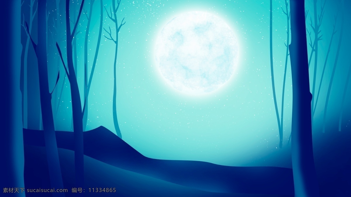 夜晚 树林 中 白色 月亮 卡通 月光 手绘