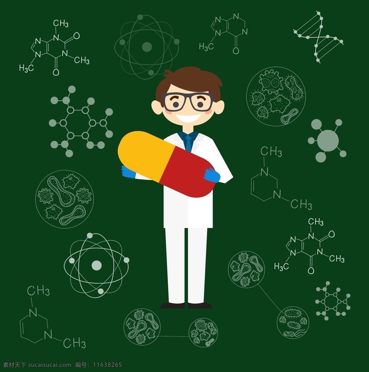 扁平 药剂师 扁平插画 实验 dna 矢量素材 药 医生 医学背景