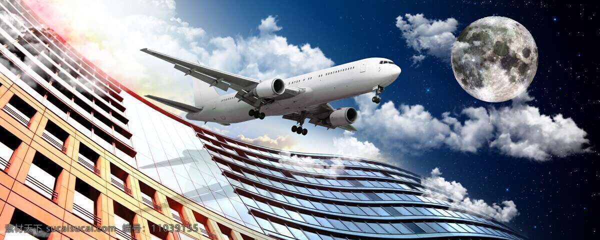 高楼 前 飞行 飞机 蓝天 白云 建筑物 客机 飞机图片 现代科技