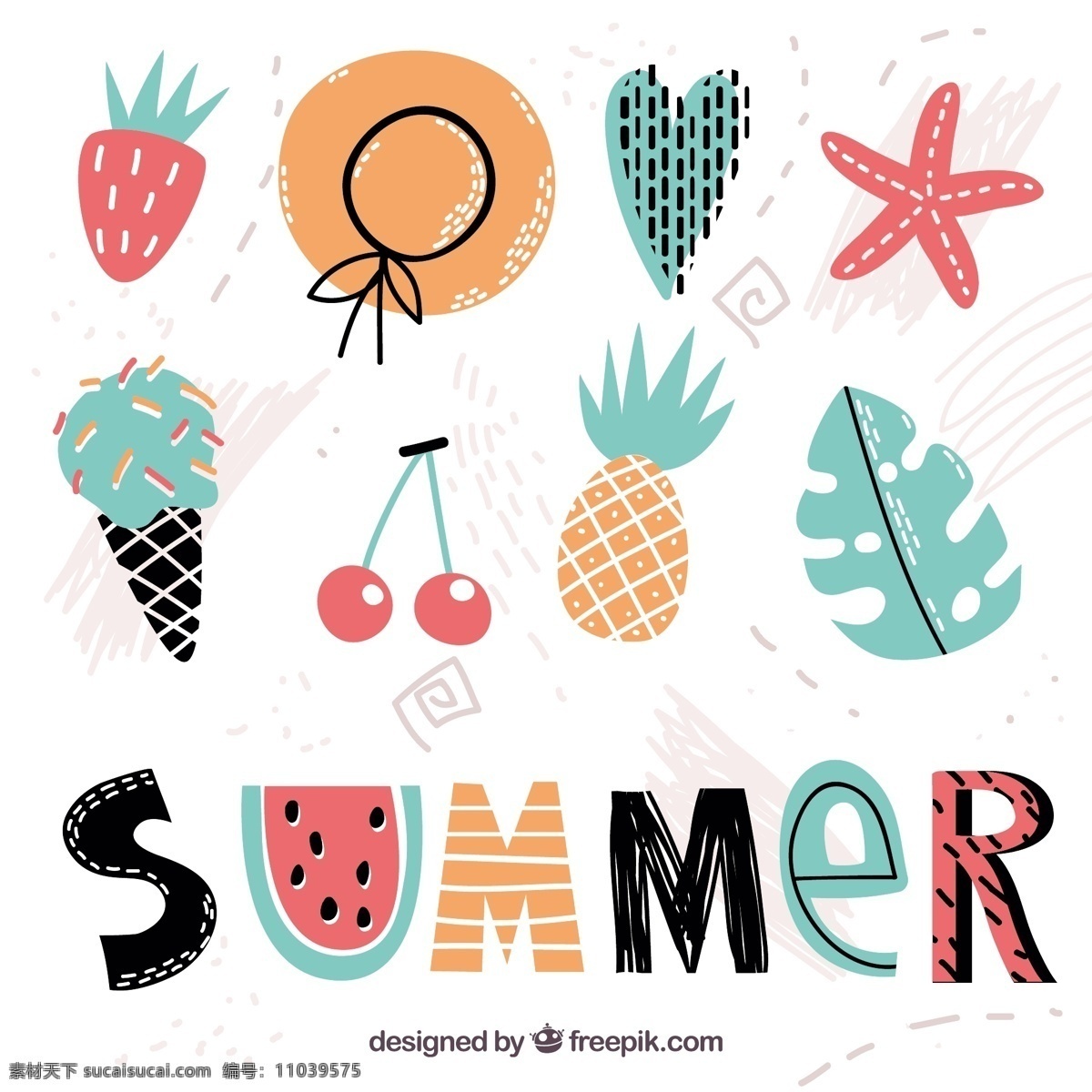 夏季 手绘 要素 多样性 旧货 手 叶 海 海滩 复古 冰淇淋 颜色 假日 冰 帽子 元素 草莓 菠萝 度假 信件 奶油 樱桃
