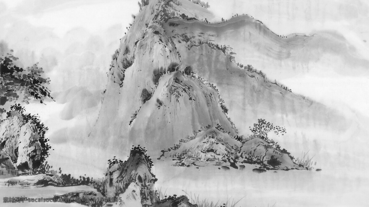 山水国画 背景 水墨 水彩 灰色