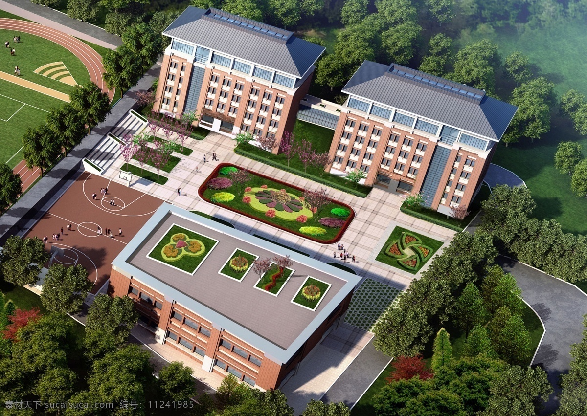 学校 绿化 效果图 中学 学生宿舍 草坪 树木 楼顶 绿化效果图 环境设计 黑色