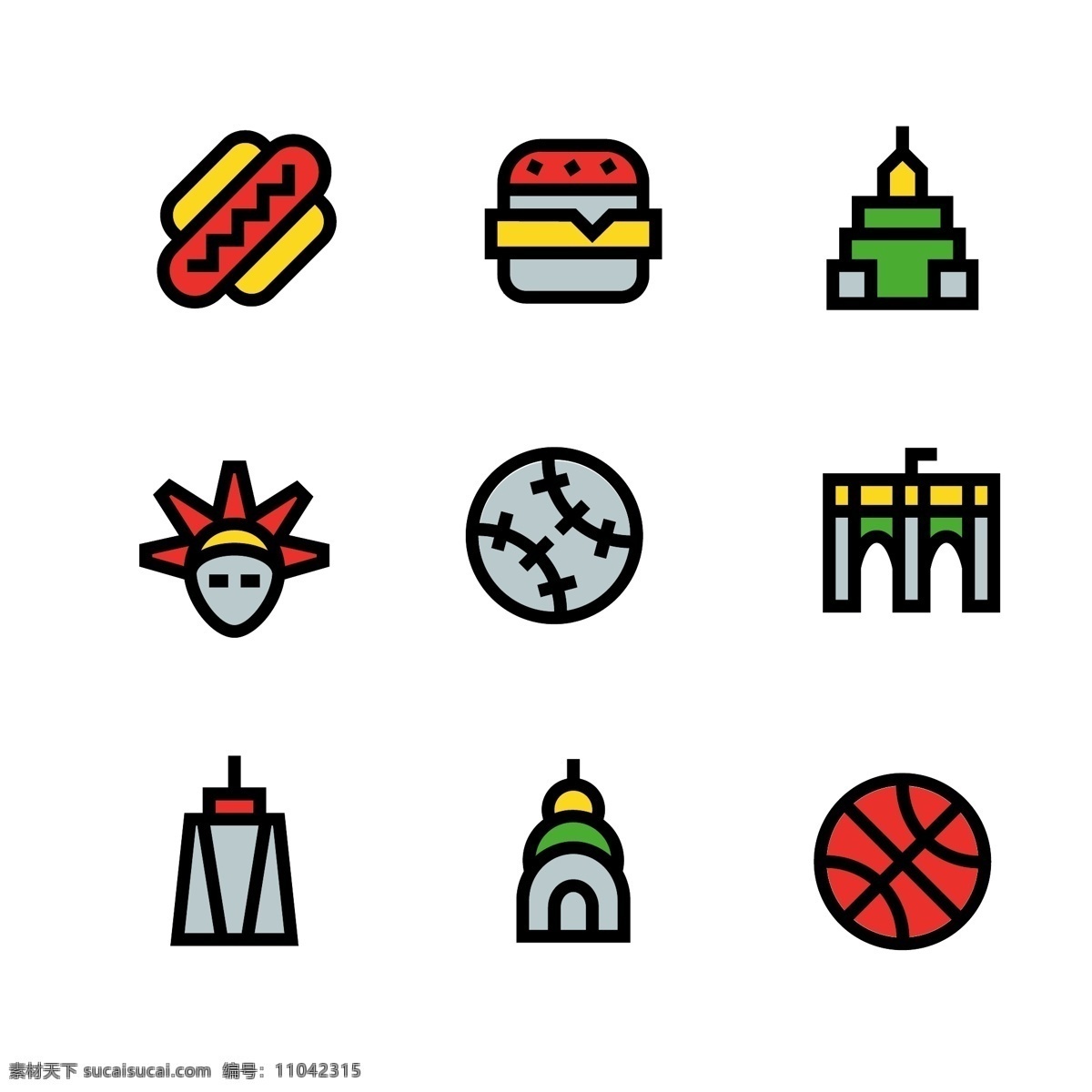 矢量 简洁 纽约 风格 图标 原创 商用 元素 汉堡 篮球 自由女神 建筑 大桥 棒球 热狗 描边 风情