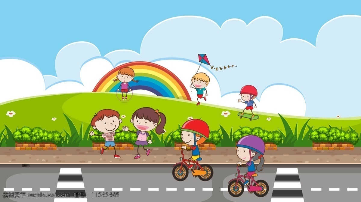 公路 旁 玩耍 孩子 草地 花草 蓝天 白云 骑自行车 放风筝