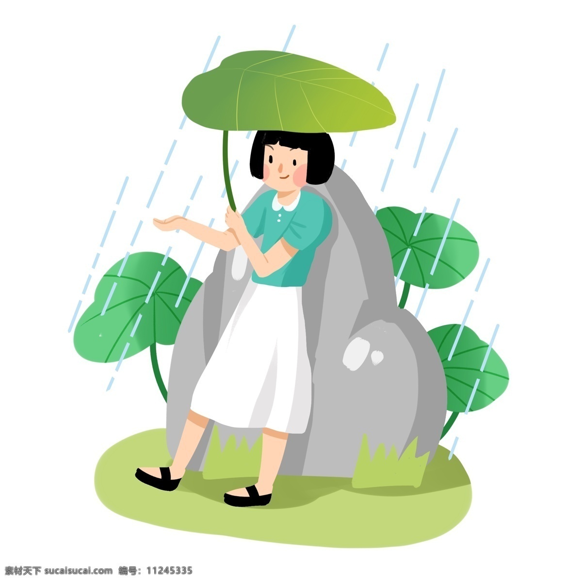 清明 树叶 遮 雨 女孩 插画 人物 合集 卡通人物 植物装饰 灰色石头 赏雨女孩