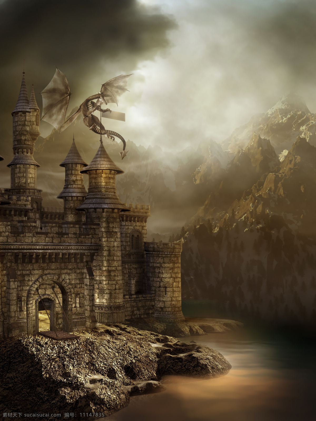 梦幻城堡风景 城堡 古堡 烟雾 飞龙 怪物 河流 山脉 科幻 自然风光 自然景观