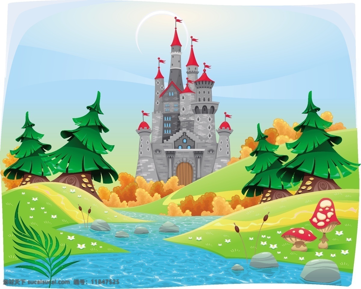 唯美 童话 风 卡通 城堡 矢量图 小河 流水 平面设计 平面装饰 底纹 花纹 源文件 矢量素材 下载素材