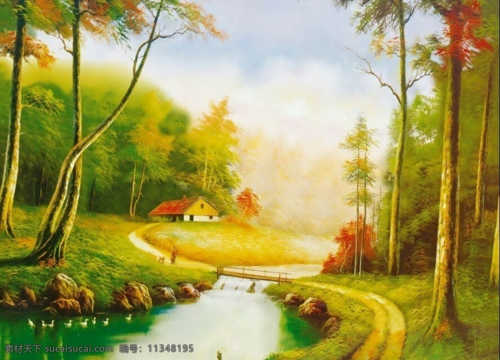 小溪 秋景 树林 炊烟 小桥流水 田园风景 欧式油画风景 油画 油画风景 唯美 写实油画 文化艺术 绘画书法 good