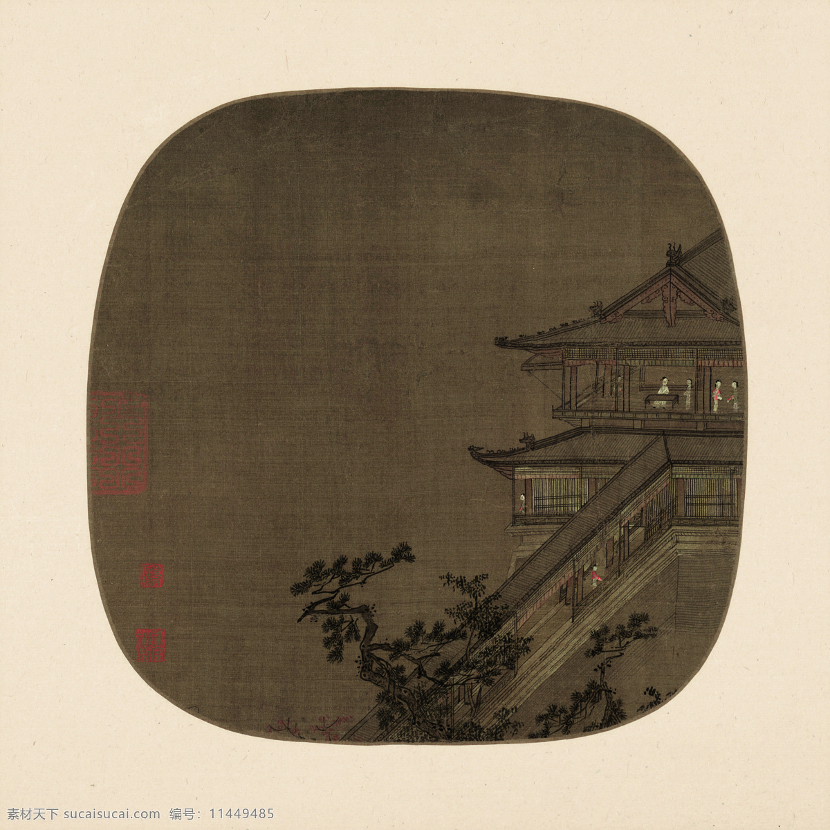 宋画 高阁凌空图 国画 书画 山水 松树 古建筑 侍女 阁楼 宋 素雅 文化艺术 绘画书法