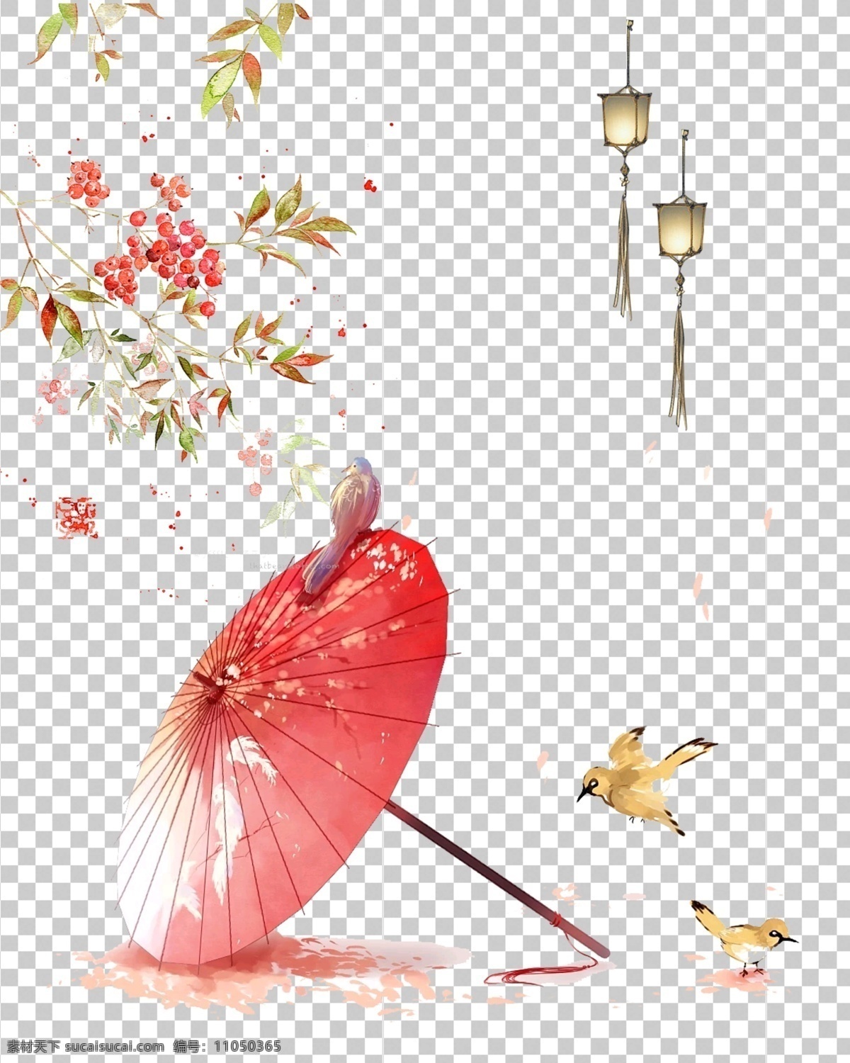 雨伞图片 雨伞 古风 小鸟 桃花 透明底 免抠图 分层图 分层