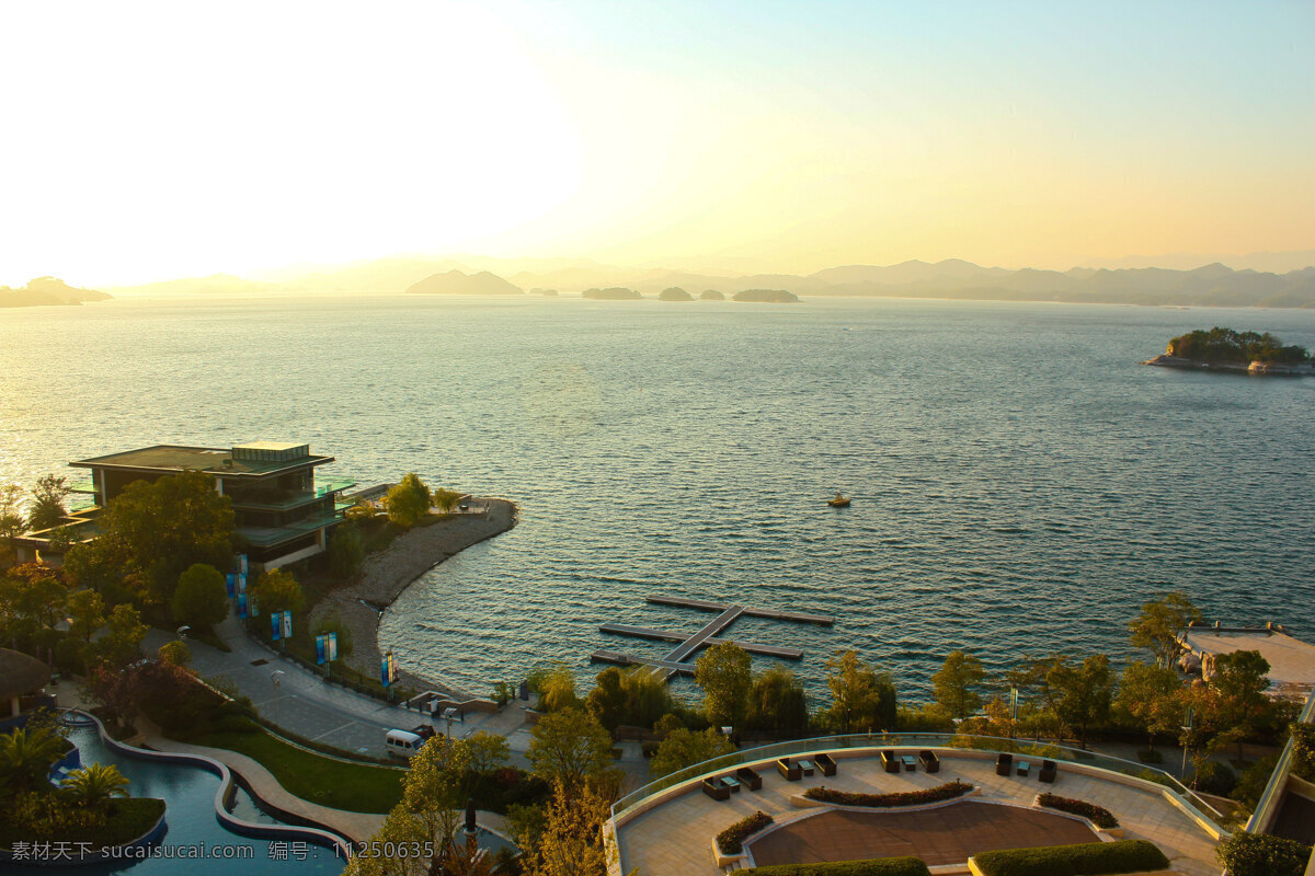 夕阳 下 千岛湖 码头 落日 湖面 倒影 码头建筑 远山 浙江千岛湖 国内旅游 旅游摄影