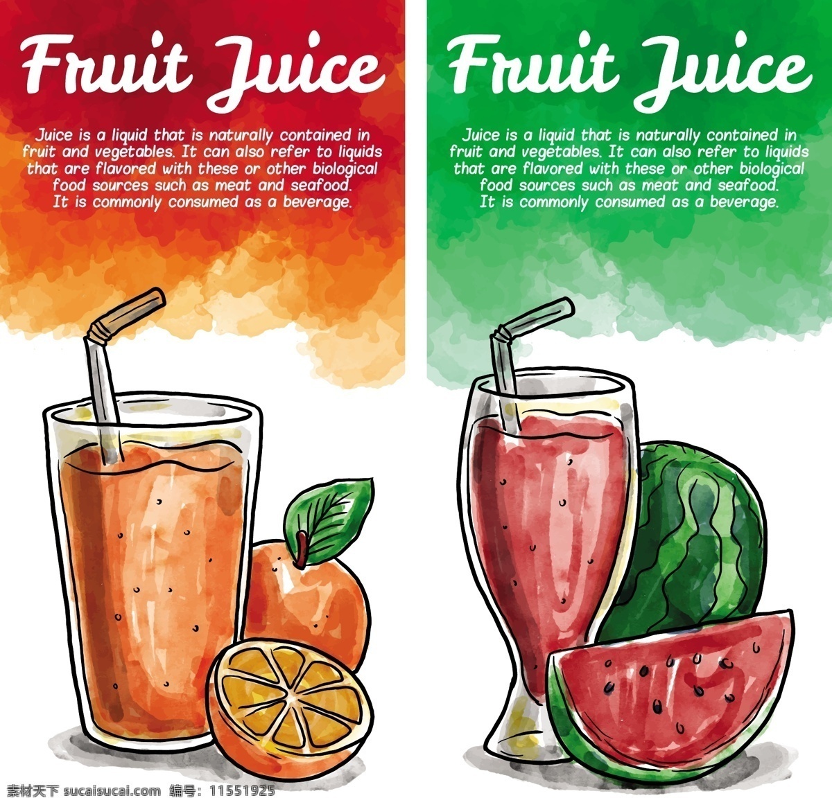 水彩 手绘 果汁 宣传册 食品 商业 传单 夏季 手 模板 水果 绘制 橙 小册子 饮料 企业 公司 热带 自然