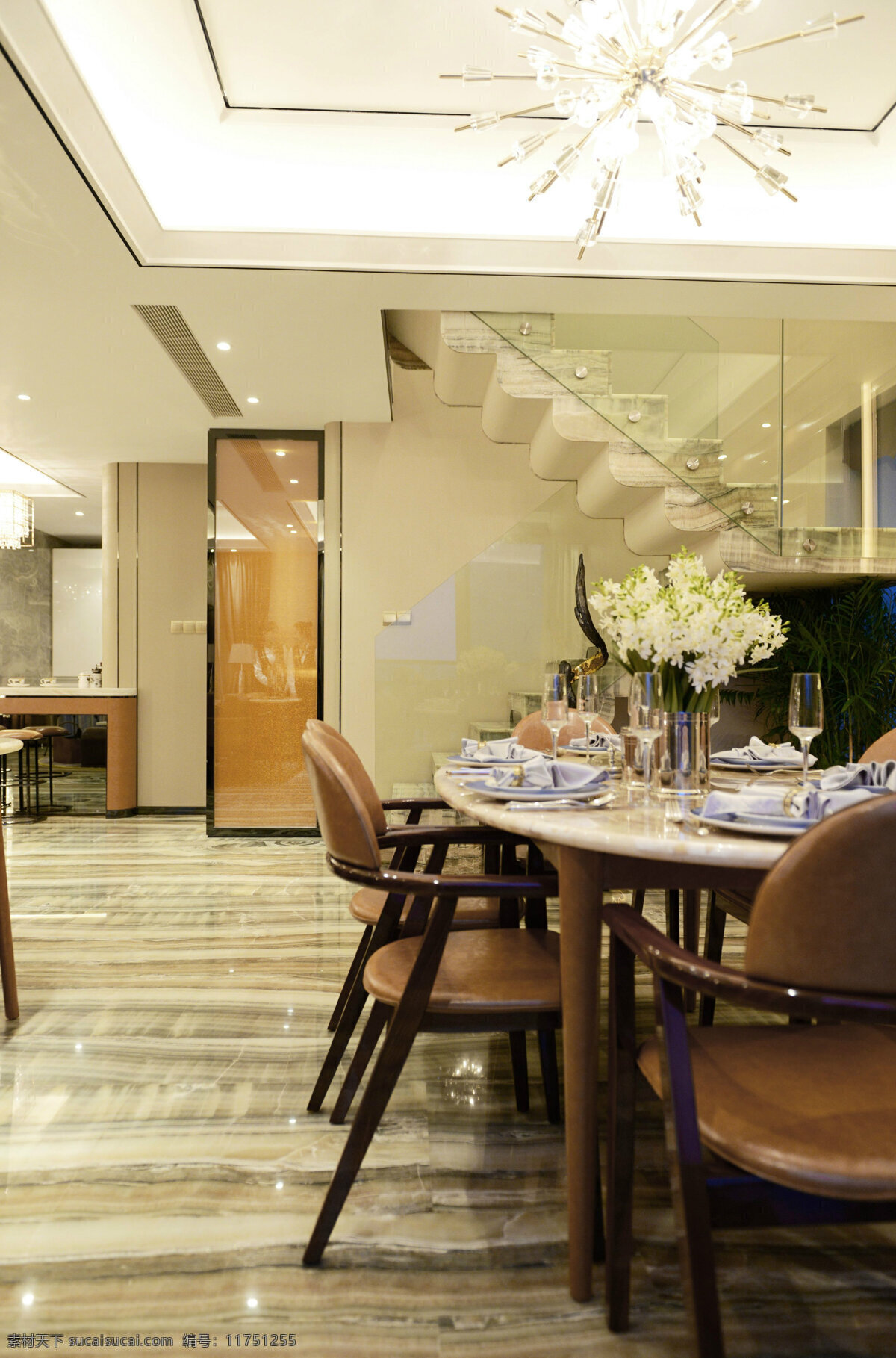 现代 时尚 客厅 白色 水晶灯 室内装修 效果图 客厅装修 白色水晶灯 褐色椅子 圆形餐桌