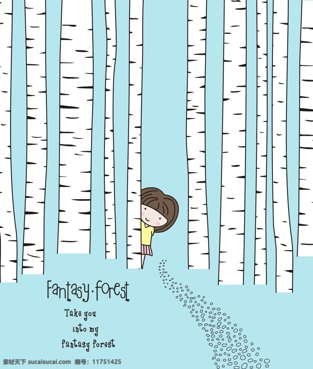 森林 小女孩 卡通 插画 白色树木 粉绿色背景 卡通插画 卡通封面 卡通小女孩 手绘 英文