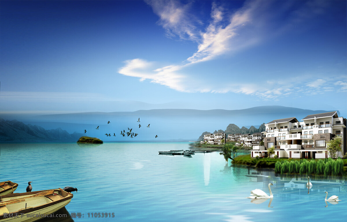 海景 3d设计 鹅 海水 鸟 蔚蓝的天 船与海 房屋居住 3d模型素材 其他3d模型