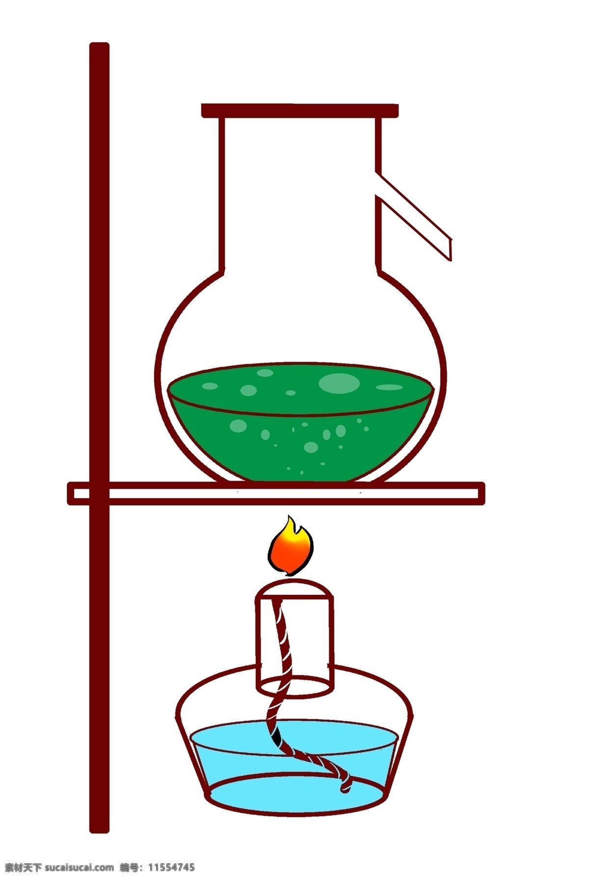 蒸馏 烧瓶 卡通 插画 蒸馏烧瓶插画 绿色的药水 实验室 检验 化学用品 玻璃制品 酒精灯 卡通插画