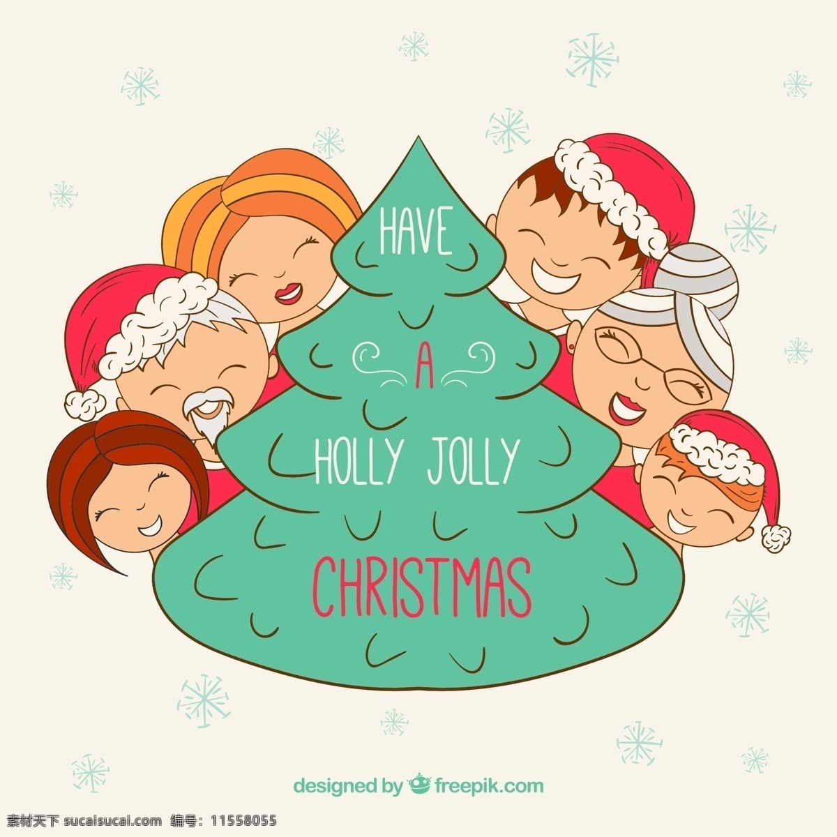 手绘 幸福 家庭 圣诞树 旁 手绘圣诞树 幸福家庭